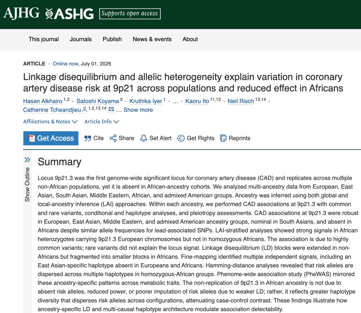 AJHG article page for the multi-ancestry 9p21 coronary artery disease study