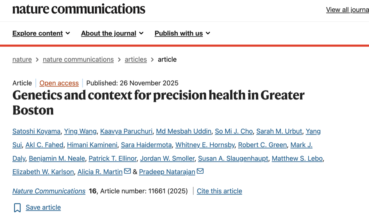 Nature Communications article page for Genetics and context for precision health in Greater Boston