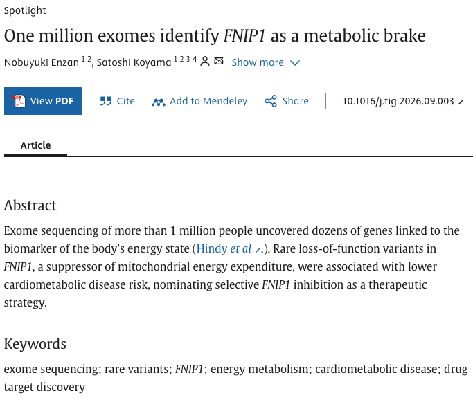 Trends in Genetics Spotlight article One million exomes identify FNIP1 as a metabolic brake